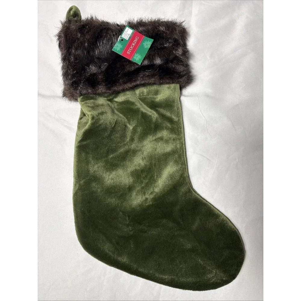 NEW OLIVE GREEN CHRISTMAS STOCKING BROWN FAUX FUR CUFF 18